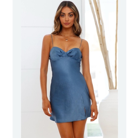 NWT Hello Molly STRUT ALL NIGHT DRESS Blue Satin Mini Dress - Picture 2 of 6